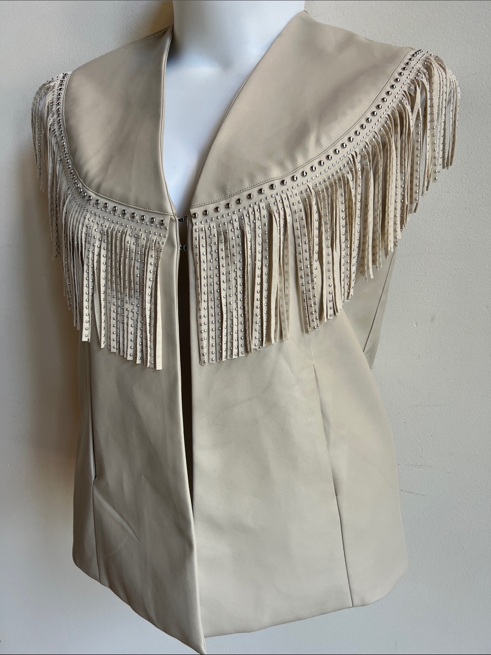 Pesion Fringed Faux Leather Vest Cream bedazzled festival concert cowgirl wear
